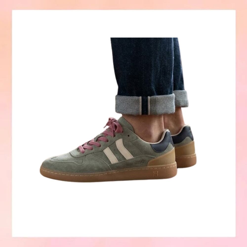 Coolway GOAL Retro Suede Gum Sole Low Top Sneakers Olive Pink Lace 9